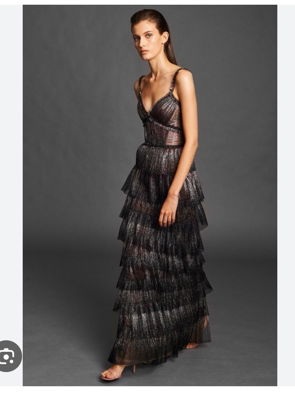 J. Mendel Black and Silver Tiered Metallic Maxi Gown